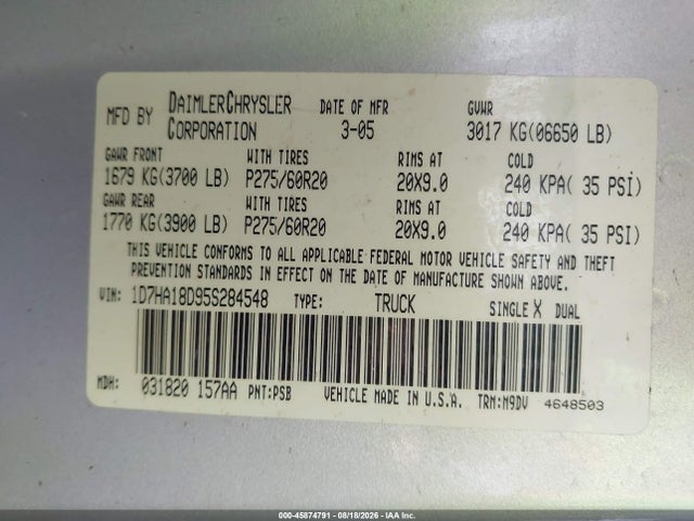 2005 Dodge Ram 1500 Slt/laramie მანქანა იყიდება აუქციონზე, vin: 1D7HA18D95S284548, აუქციონის ნომერი: 45874791