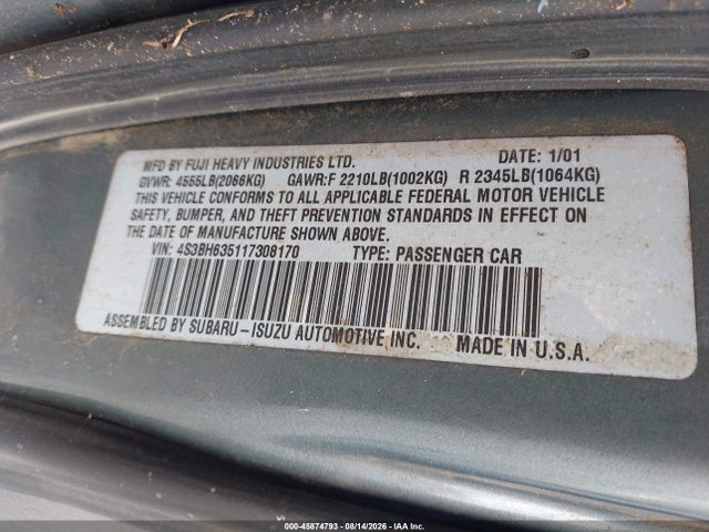 Продаж на аукціоні авто 2001 Subaru Legacy L, vin: 4S3BH635117308170, номер лоту: 45874793