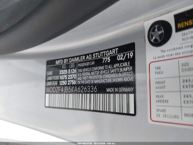 45874798 :رقم المزاد ، WDDZF4JB5KA626336 vin ، 2019 Mercedes-benz E 300 مزاد بيع