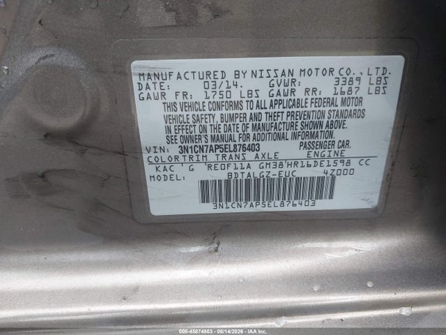 2014 Nissan Versa 1.6 Sl მანქანა იყიდება აუქციონზე, vin: 3N1CN7AP5EL876403, აუქციონის ნომერი: 45874803
