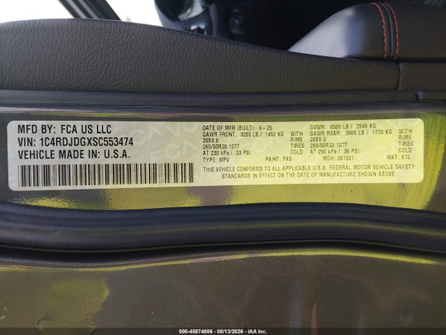 2025 Dodge Durango Gt Awd მანქანა იყიდება აუქციონზე, vin: 1C4RDJDGXSC553474, აუქციონის ნომერი: 45874806