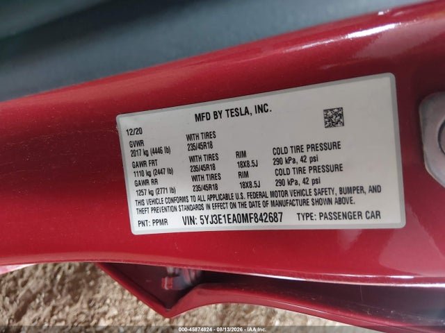 Tesla Model 3 Standard Range Plus Rear-wheel Drive 2021 5YJ3E1EA0MF842687 Image 9