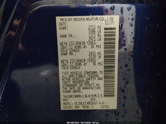 Продажа на аукционе авто 2020 Nissan Pathfinder Sv 4wd, vin: 5N1DR2BM9LC649815, номер лота: 45874832
