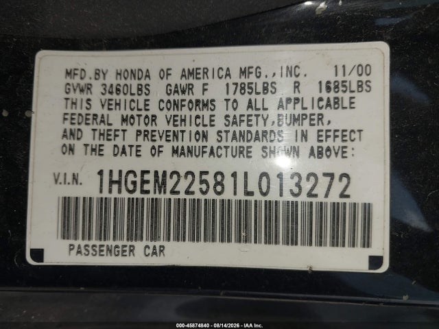 Aukcja sprzedaży 2001 Honda Civic Lx, vin: 1HGEM22581L013272, numer aukcji: 45874840
