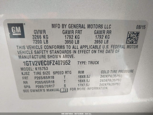 Aukcja sprzedaży 2015 Gmc Sierra 1500 Slt, vin: 1GTV2VEC0FZ407952, numer aukcji: 45874844