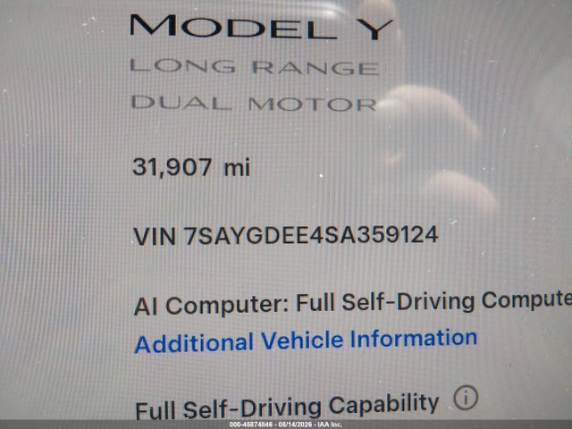 45874846 :رقم المزاد ، 7SAYGDEE4SA359124 vin ، 2025 Tesla Model Y Long Range Dual Motor All-wheel Drive مزاد بيع