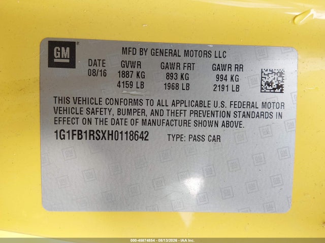 Продаж на аукціоні авто 2017 Chevrolet Camaro 1lt, vin: 1G1FB1RSXH0118642, номер лоту: 45874854