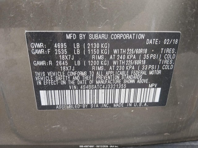 45874861 :رقم المزاد ، 4S4BSATC4J3321355 vin ، 2018 Subaru Outback 2.5i Touring مزاد بيع