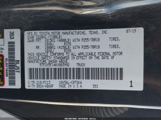 5TFUY5F14KX865992 Toyota Tundra Sr5 5.7l V8