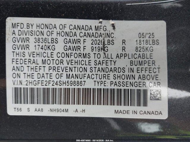 Honda Civic Lx 2025 2HGFE2F24SH598867 Image 9