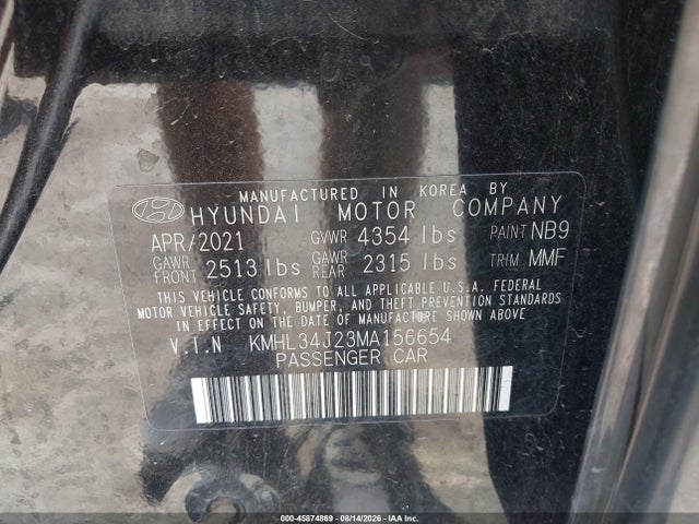 Aukcja sprzedaży 2021 Hyundai Sonata Limited, vin: KMHL34J23MA156654, numer aukcji: 45874869