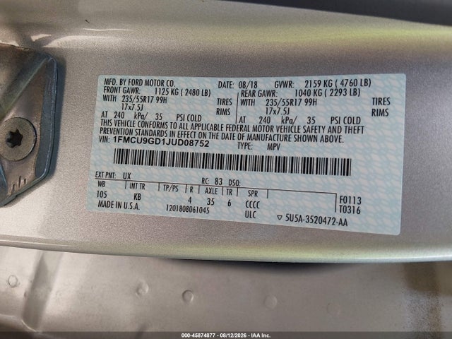 Продажа на аукционе авто 2018 Ford Escape Se, vin: 1FMCU9GD1JUD08752, номер лота: 45874877