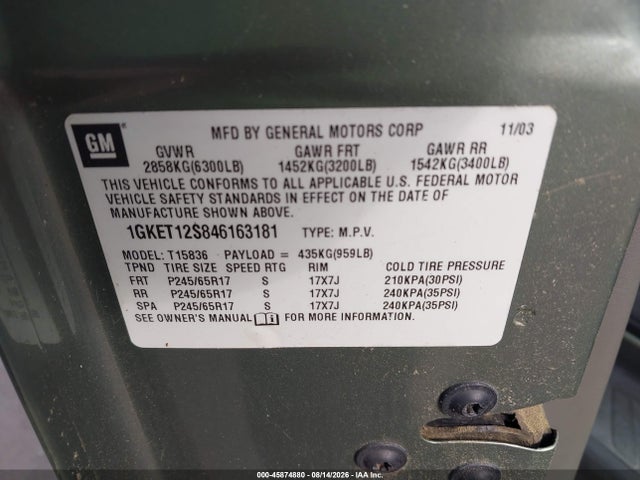 Aukcja sprzedaży 2004 Gmc Envoy Xuv Slt, vin: 1GKET12S846163181, numer aukcji: 45874880