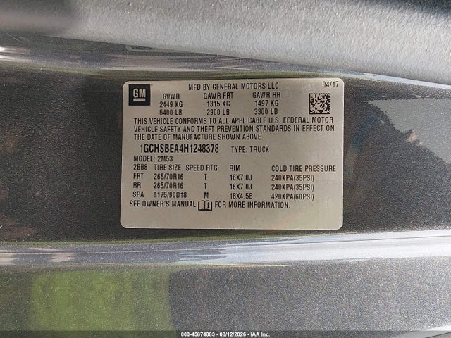 Продажа на аукционе авто 2017 Chevrolet Colorado 2wd Wt, vin: 1GCHSBEA4H1248378, номер лота: 45874883