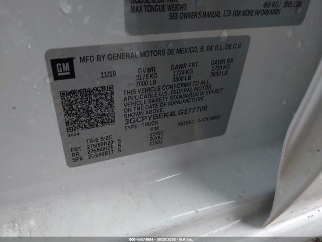 Продажа на аукционе авто 2020 Chevrolet Silverado 1500 4wd  Short Bed Custom, vin: 3GCPYBEK4LG177700, номер лота: 45874884