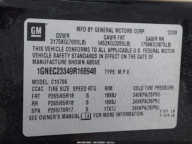 Продаж на аукціоні авто 2009 Chevrolet Tahoe Lt2, vin: 1GNEC23349R168948, номер лоту: 45874887