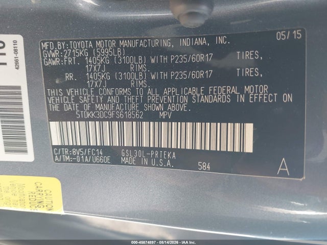2015 Toyota Sienna Le 8 Passenger მანქანა იყიდება აუქციონზე, vin: 5TDKK3DC9FS618562, აუქციონის ნომერი: 45874897