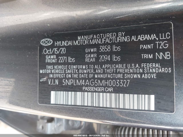 Aukcja sprzedaży 2021 Hyundai Elantra Sel, vin: 5NPLM4AG5MH003327, numer aukcji: 45874910