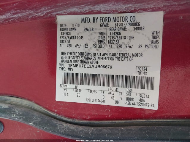 45874912 :رقم المزاد ، 1FMEU7EE3AUB06679 vin ، 2010 Ford Explorer Eddie Bauer مزاد بيع