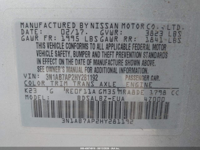 Продаж на аукціоні авто 2017 Nissan Sentra S, vin: 3N1AB7AP2HY281192, номер лоту: 45874918
