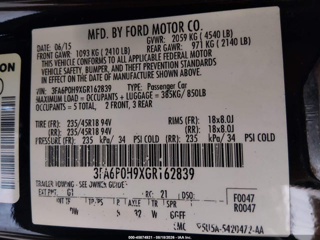 Aukcja sprzedaży 2016 Ford Fusion Se, vin: 3FA6P0H9XGR162839, numer aukcji: 45874921