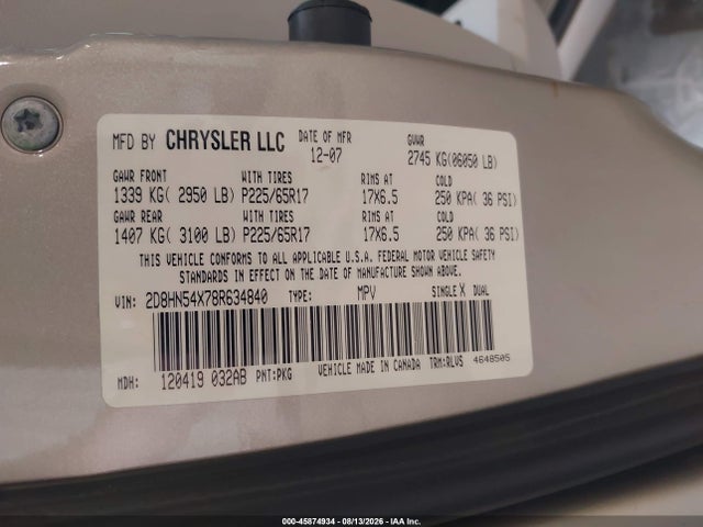 Aukcja sprzedaży 2008 Dodge Grand Caravan Sxt, vin: 2D8HN54X78R634840, numer aukcji: 45874934