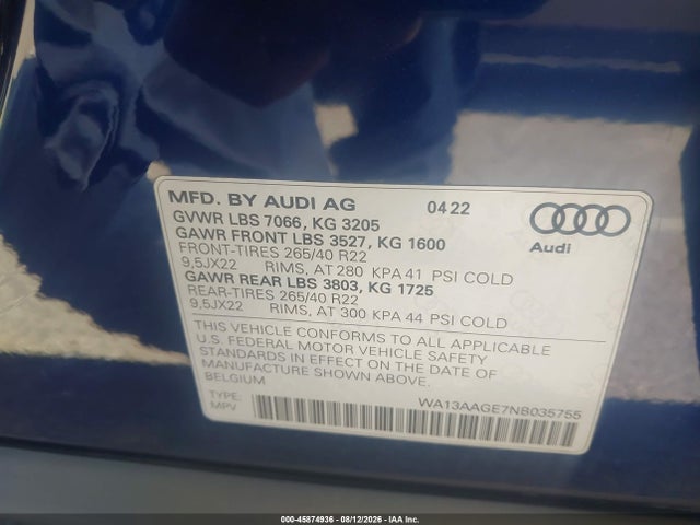 Продаж на аукціоні авто 2022 Audi E-tron Sportback Prestige S Line Quattro, vin: WA13AAGE7NB035755, номер лоту: 45874936