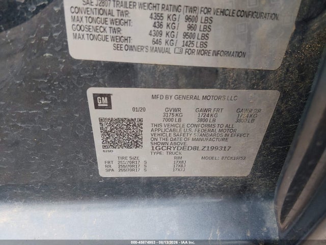 Aukcja sprzedaży 2020 Chevrolet Silverado 1500 4wd  Standard Bed Lt, vin: 1GCRYDED8LZ199317, numer aukcji: 45874953