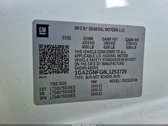 Продажа на аукционе авто 2020 Chevrolet Express Passenger Rwd 3500 Extended Wheelbase Ls, vin: 1GAZGNFG8L1253725, номер лота: 45874957