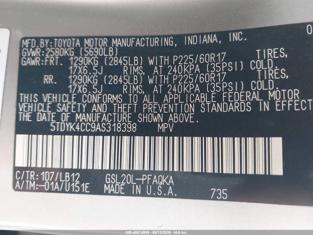 Продаж на аукціоні авто 2010 Toyota Sienna Xle, vin: 5TDYK4CC9AS318398, номер лоту: 45874959