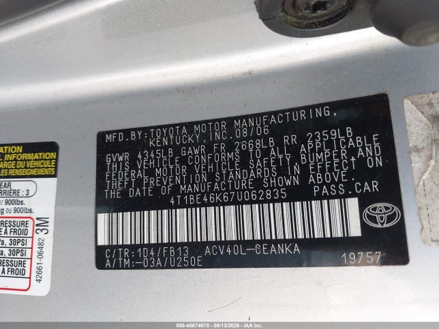 Aukcja sprzedaży 2007 Toyota Camry Le, vin: 4T1BE46K67U062835, numer aukcji: 45874970