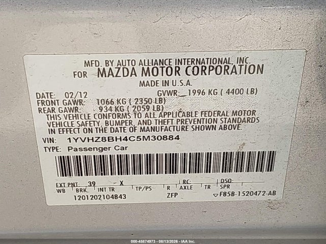 Aukcja sprzedaży 2012 Mazda Mazda6 I Sport, vin: 1YVHZ8BH4C5M30884, numer aukcji: 45874973