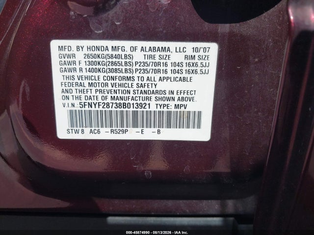Продажа на аукционе авто 2008 Honda Pilot Ex-l, vin: 5FNYF28738B013921, номер лота: 45874990