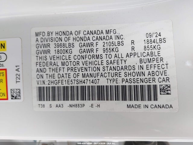 Продажа на аукционе авто 2025 Honda Civic Si Base W/high Performance Summer Tires/, vin: 2HGFE1E57SH471407, номер лота: 45874996