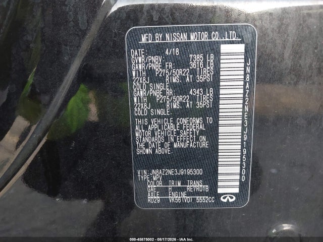 2018 Infiniti Qx80 მანქანა იყიდება აუქციონზე, vin: JN8AZ2NE3J9195300, აუქციონის ნომერი: 45875002