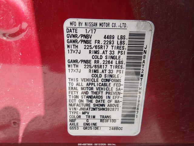 Продаж на аукціоні авто 2017 Nissan Rogue Sv, vin: JN8AT2MT5HW392871, номер лоту: 45875008