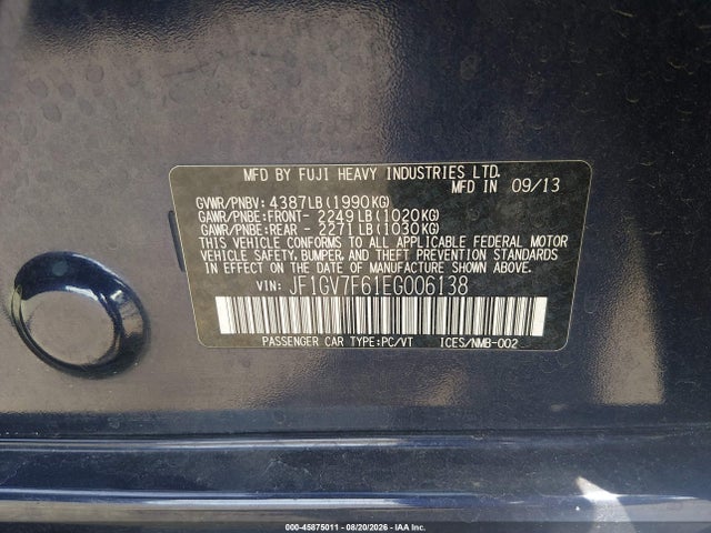 Продаж на аукціоні авто 2014 Subaru Impreza Wrx Premium, vin: JF1GV7F61EG006138, номер лоту: 45875011