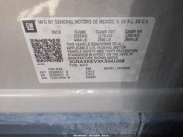 Продажа на аукционе авто 2019 Chevrolet Equinox Lt, vin: 3GNAXKEVXKS541088, номер лота: 45875017
