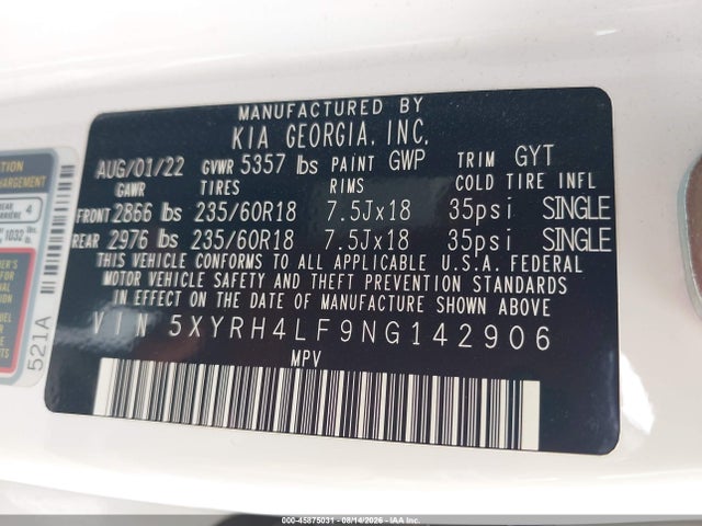 45875031 :رقم المزاد ، 5XYRH4LF9NG142906 vin ، 2022 Kia Sorento Ex مزاد بيع