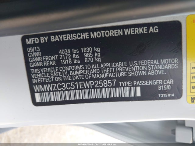Продажа на аукционе авто 2014 Mini Countryman Cooper S, vin: WMWZC3C51EWP25857, номер лота: 45875046