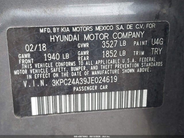 45875063 :رقم المزاد ، 3KPC24A39JE024619 vin ، 2018 Hyundai Accent Se مزاد بيع