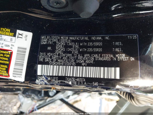 Aukcja sprzedaży 2026 Toyota Highlander Limited, vin: 5TDKDRBH8TS599185, numer aukcji: 45875079