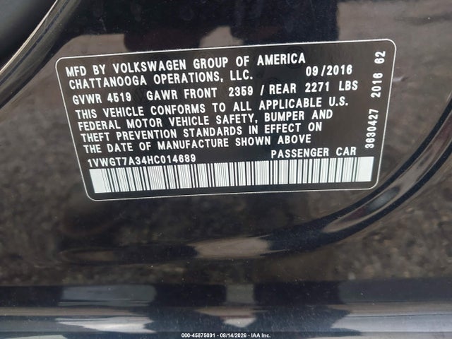 45875091 :رقم المزاد ، 1VWGT7A34HC014689 vin ، 2017 Volkswagen Passat 1.8t Se مزاد بيع