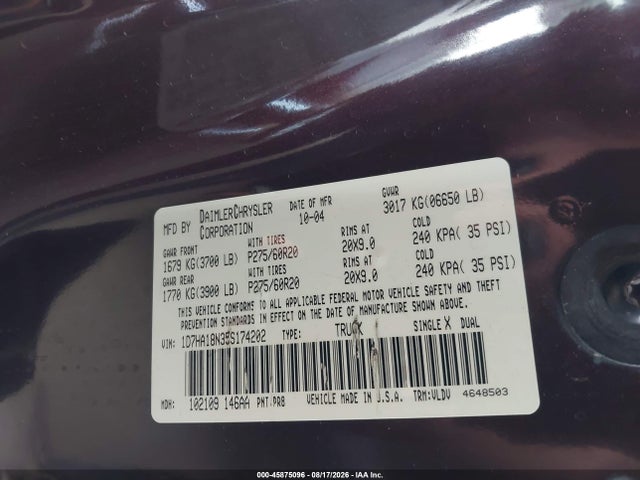 Aukcja sprzedaży 2005 Dodge Ram 1500 Slt/laramie, vin: 1D7HA18N35S174202, numer aukcji: 45875096