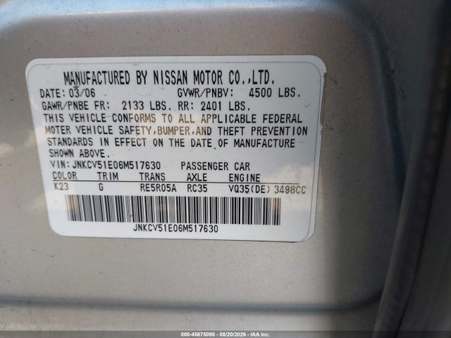 Aukcja sprzedaży 2006 Infiniti G35, vin: JNKCV51E06M517630, numer aukcji: 45875098