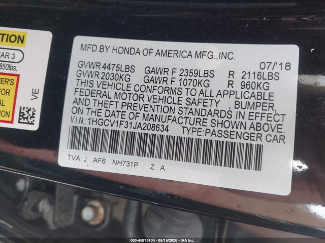 Aukcja sprzedaży 2018 Honda Accord Sport, vin: 1HGCV1F31JA208634, numer aukcji: 45875104