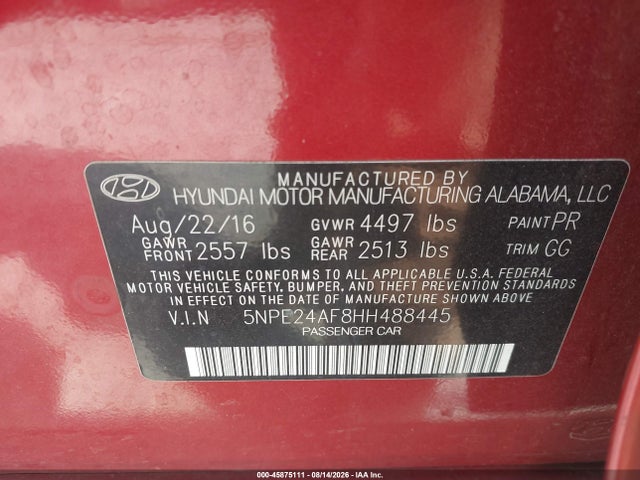 Aukcja sprzedaży 2017 Hyundai Sonata, vin: 5NPE24AF8HH488445, numer aukcji: 45875111
