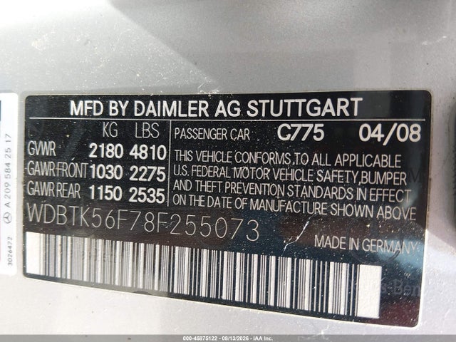 45875122 :رقم المزاد ، WDBTK56F78F255073 vin ، 2008 Mercedes-benz Clk 350 مزاد بيع