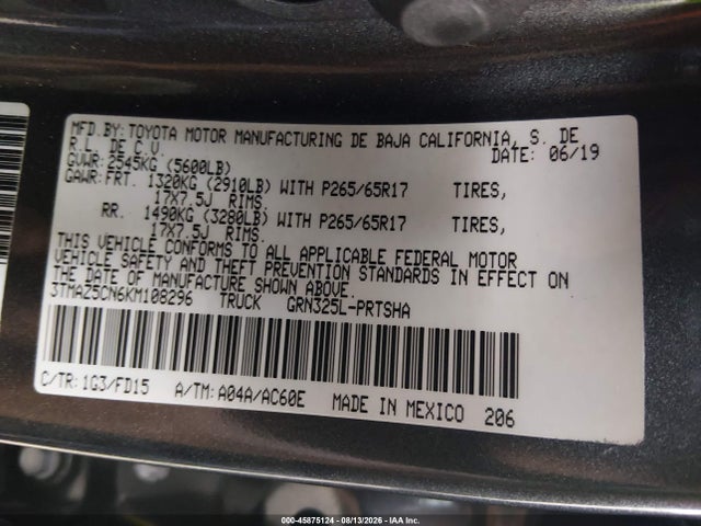 45875124 :رقم المزاد ، 3TMAZ5CN6KM108296 vin ، 2019 Toyota Tacoma Trd Sport مزاد بيع