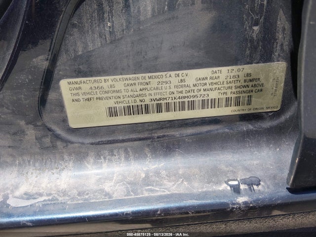 45875125 :رقم المزاد ، 3VWRM71K48M095723 vin ، 2008 Volkswagen Jetta Se/sel مزاد بيع